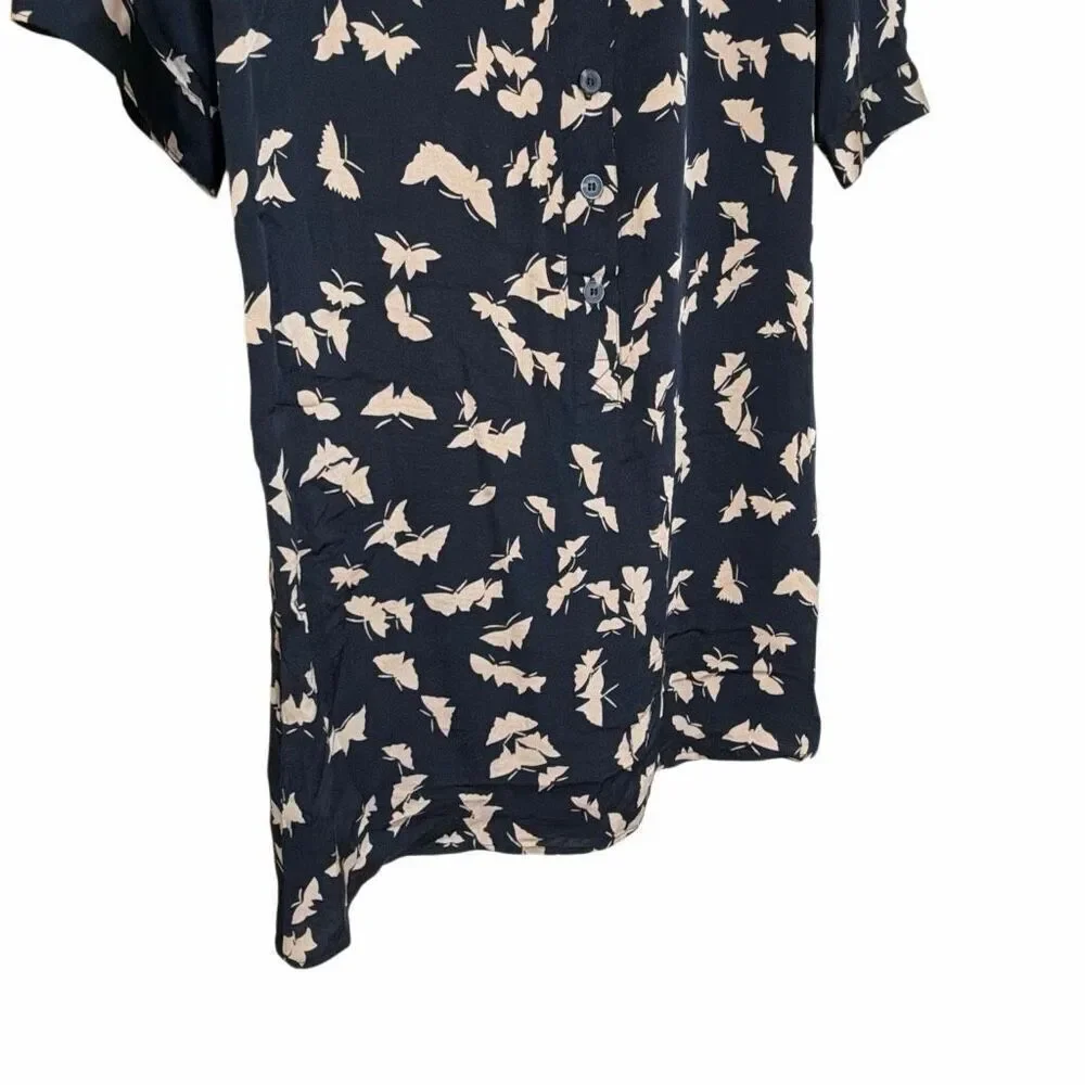 Tucker Butterfly Button Front Silk Blend 3/4 Sleeve Tunic Shirt Dress Navy Small